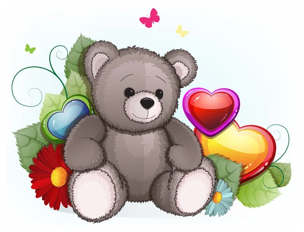 Osito de peluche gris con corazones de San Valentín — Vector de stock