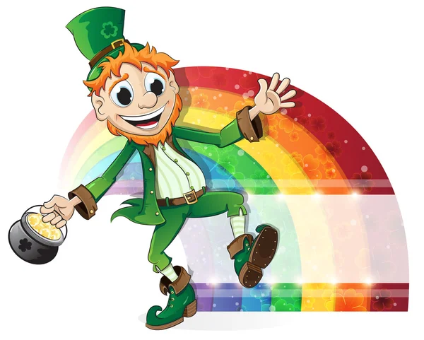 Leprechaun with a pot of gold and rainbow — Stock Vector