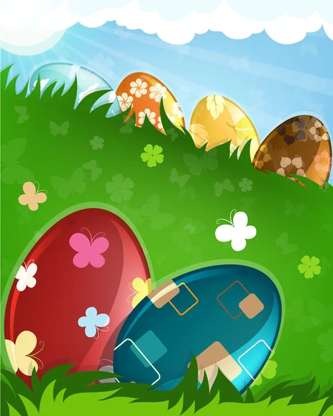 Oeufs de Pâques dans une herbe — Image vectorielle
