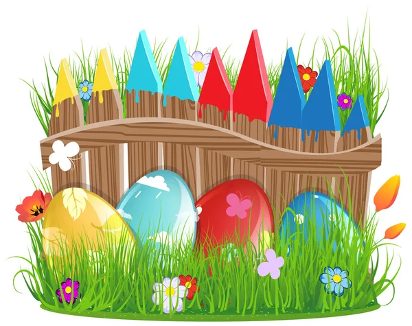 Huevos de Pascua cerca de una cerca de madera — Vector de stock