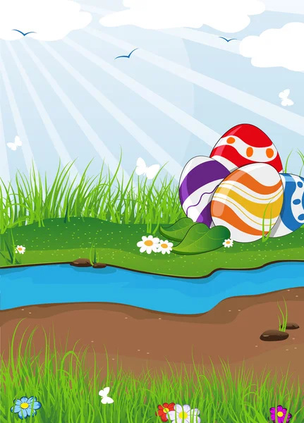 Uova di Pasqua vicino al torrente . — Vettoriale Stock