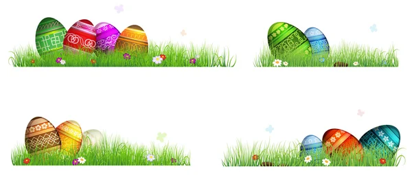 Пасхальные яйца с весенними цветами в траве — стоковый вектор