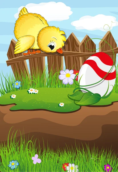 Chicken looks at Easter Egg — Stock Vector