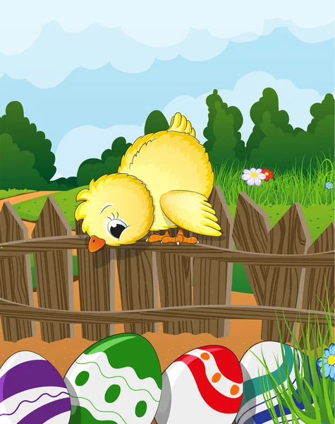 Chicken looks at Easter Eggs — Stock Vector