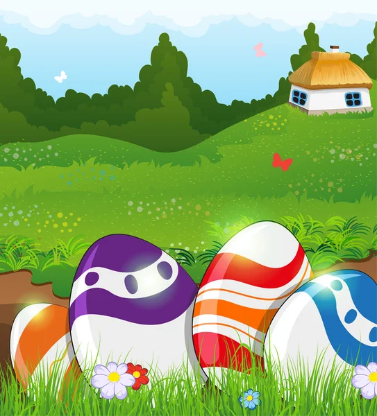 Easter eggs in the grass and rural house — Stock Vector