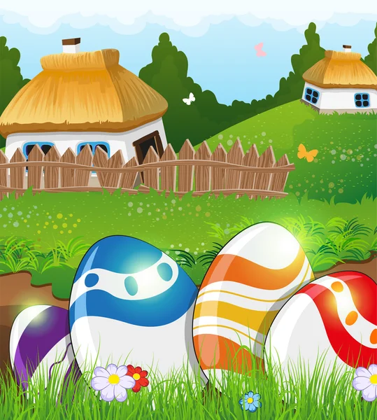 Easter eggs in the grass and rural houses — Stock Vector