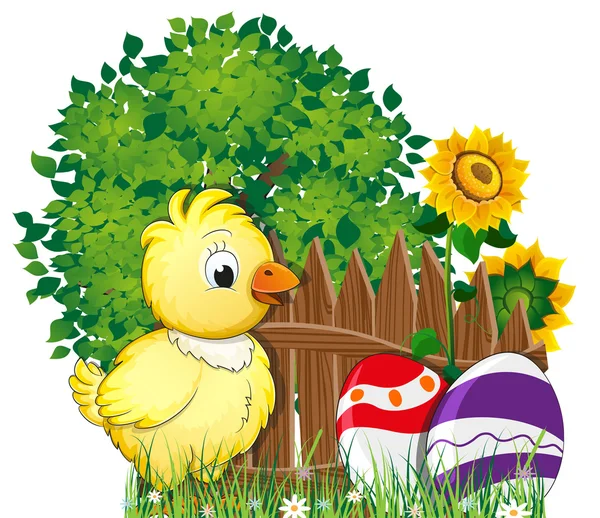 Puiul pufos și ouăle de Paște pictate — Vector de stoc