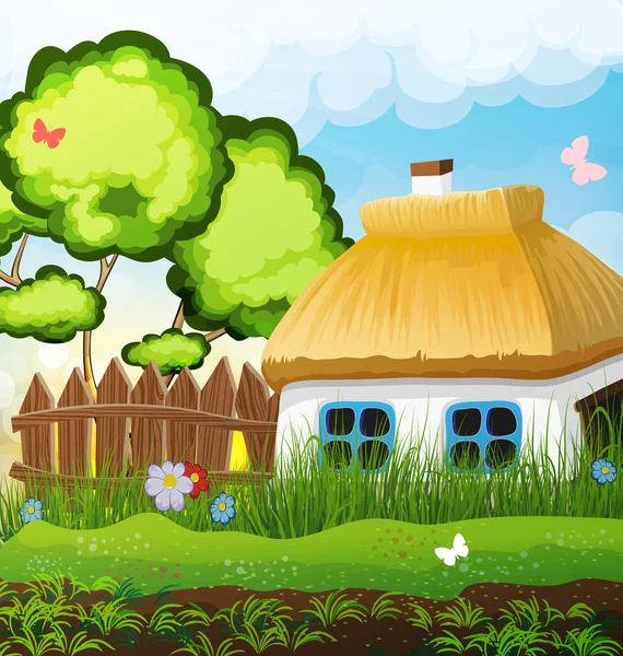 Paisaje rural con una pequeña casa — Vector de stock