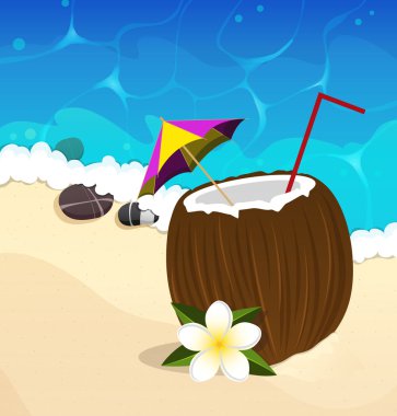 Coconut cocktail with straw and umbrella