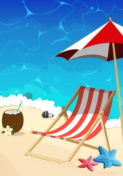 Strand met ligstoel en paraplu — Stockvector