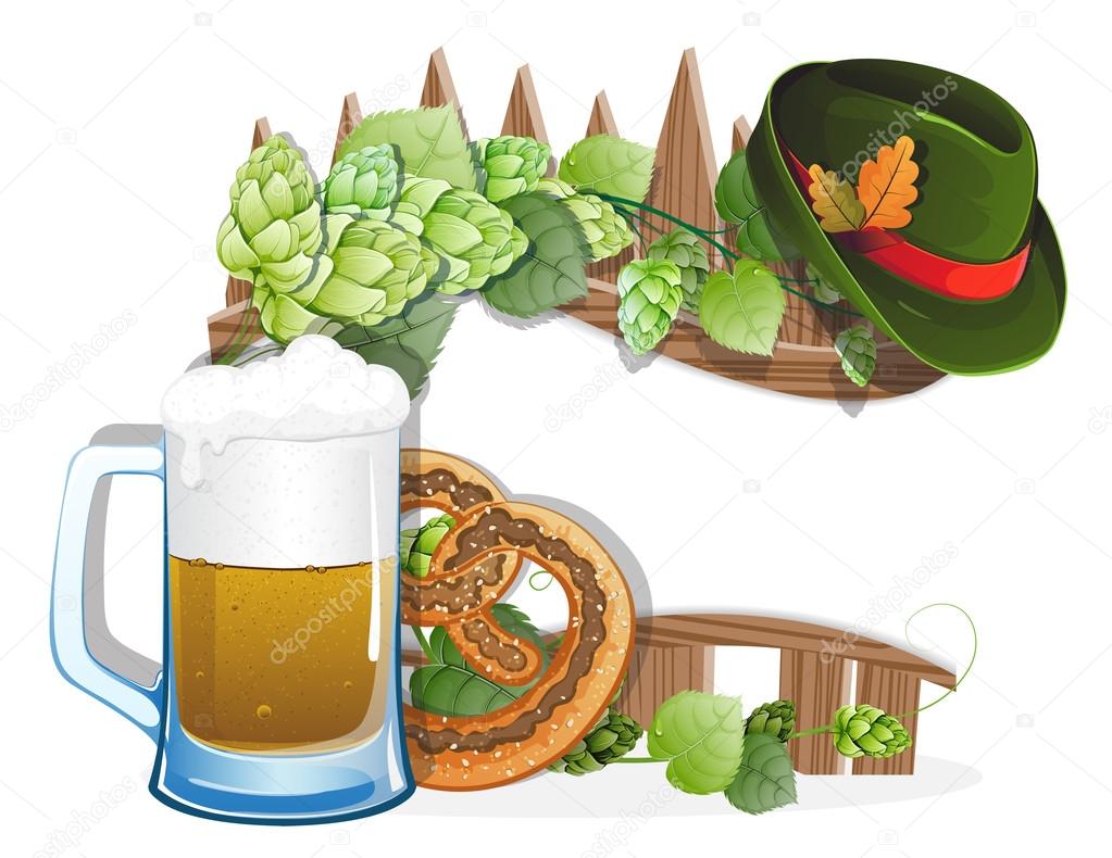 Beer glass, pretzel and  German hat