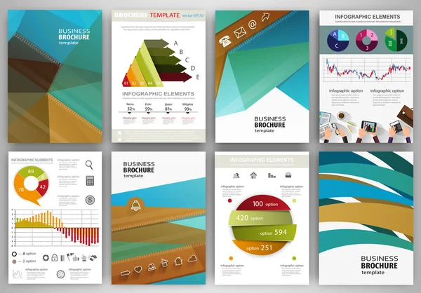 Conjunto de folletos de negocios, infografías de conceptos abstractos e iconos — Vector de stock