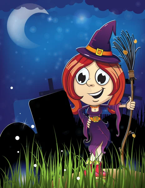 Halloween witch girl in the cemetery — Stockvector