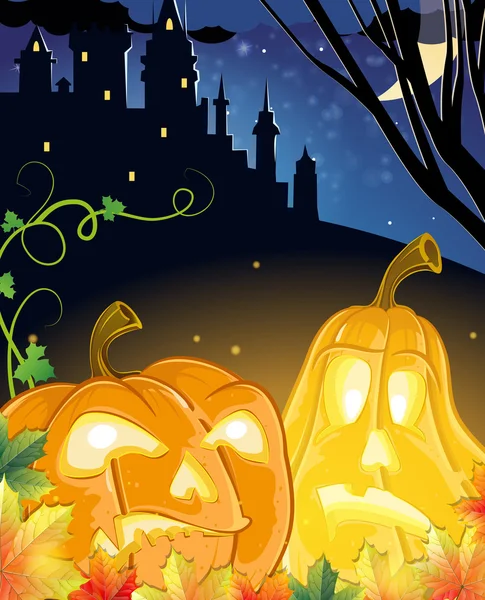 Jack O Lanterns near the haunted castle — Stock Vector