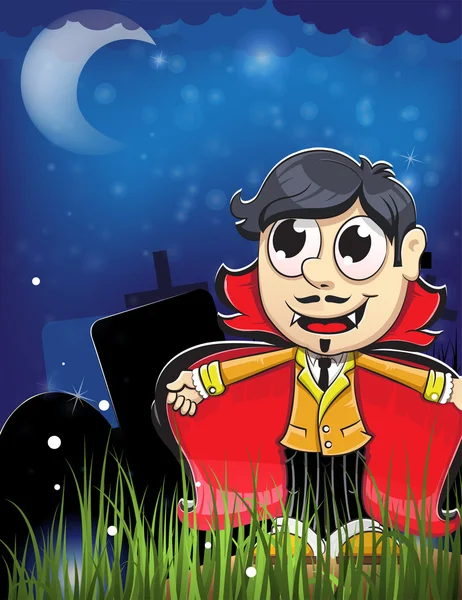 Niño vampiro en el cementerio nocturno — Vector de stock