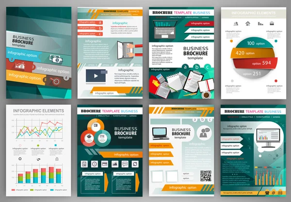 Plantilla de folleto de negocios verde y naranja con infografía — Vector de stock