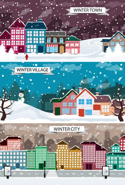 Inverno paesaggio urbano Set — Vettoriale Stock