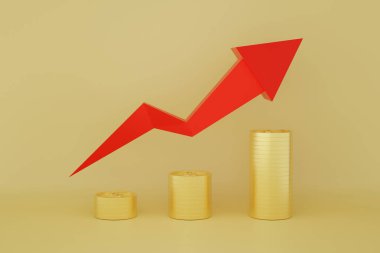 Dolar sikkeleri kırmızı ok çizgisi çizelgesiyle üst üste yığılır ve altın arkaplan ile yukarı çıkar. Finansal ve artan yığınlar için kavram. 3B Resim Hazırlama.