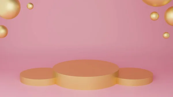 3D of circle podium gold colour with gold sphere and pink pastel background. 3D Rendering illustration. Product presentation minimal. Empty geometric shape. Mock-up showcase for product
