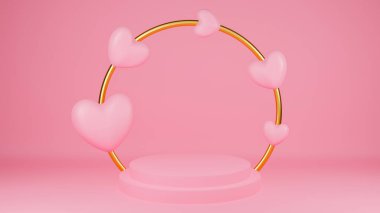 Pembe kalp ve altın yüzükle podyum pembe pastel rengi. Sevgililer Günü konsepti. Ürün için makyaj malzemesi. 3B Resim Hazırlama