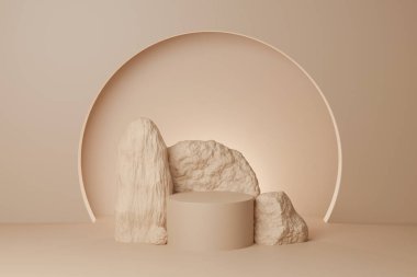 Daire şeklinde podyum kahverengi pastel rengi ve Rock. Ürün markası ve kozmetik ürünleri için bir vitrin. Ürün sunumu minimal.