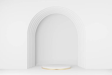 Daire şeklinde 3 boyutlu beyaz podyum, altın kenarlı, kapı çerçeveli. Ürün markası ve kozmetik ürünleri için bir vitrin. Ürün sunumu minimal.