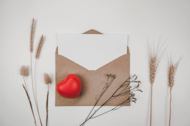Boş beyaz kağıt, açık kahverengi bir zarfa, kırmızı bir kalple, beyaz arka planda birçok çeşit kurutulmuş çiçek yerleştirilir. Sevgililer Günü konsepti