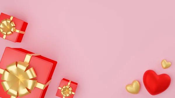 Rött Och Guld Hjärta Och Nära Röd Presentförpackning Med Guldband — Stockfoto