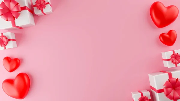 Rood Hart Sluiten Witte Geschenkdoos Met Rood Lint Valentijnsdag Concept — Stockfoto