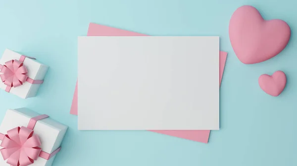 白纸放在粉红的纸上 粉红的心 粉红的背景上有粉红缎带的紧闭的白色礼品盒 情人节的概念 — 图库照片