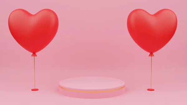 Valentinstag Konzept Kreis Podium Rosa Pastellfarbe Mit Goldrand Rotes Herz — Stockfoto