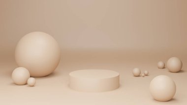 3D yuvarlak podyum kahverengi pastel renkli ve küresel. Ürün markalaştırma ve kozmetik ürünleri için taklit daire şekilleri sergileniyor. Ürün sunumu minimal.