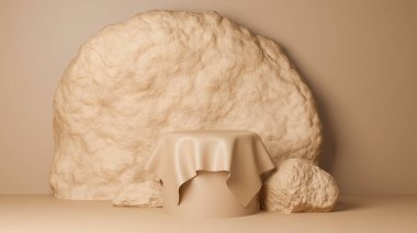 Podyum kahverengi pastel renginde, büyük kayalarla kaplı krem kumaşla kaplı. Ürün markası ve kozmetik ürünleri için bir vitrin. Ürün sunumu çok az. 3B Hazırlama.