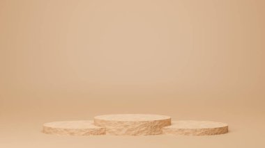 Podyum kahverengi pastel renginde, kaya desenli ve üç rütbeli. 3 boyutlu resimleme. Ürün markası ve kozmetik ürünleri için bir vitrin. Ürün sunumu minimal.