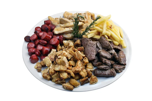 Placa de bocadillos, carne, patatas, salchichas, crepitantes —  Fotos de Stock
