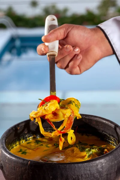 Camarones Pescado Moqueca Con Verduras Cilantro Aceite Palma — Foto de Stock