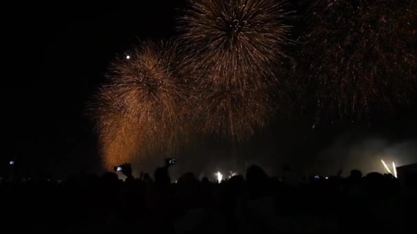 Феєрверки Reveillon New Years Виставляються Вздовж Пляжу Копакабана Ріо Жанейро — стокове відео