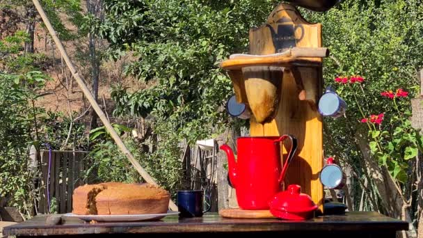 Cafetera Roja Filtro Tela Tetera Roja Café Rústico Desayuno País — Vídeos de Stock