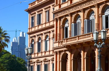 Red facade of old building