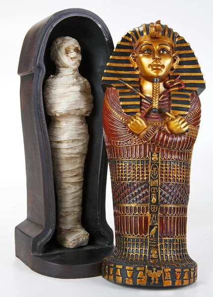 Toy sarcophagus with mummy — Stok fotoğraf