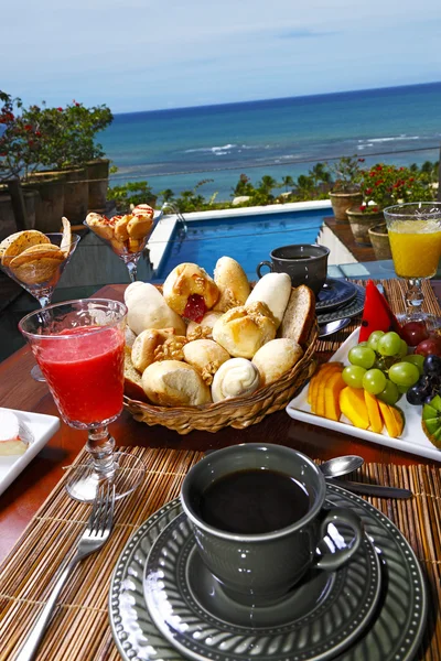 Breakfast  with fruits, buns and  juices — Stock Fotó