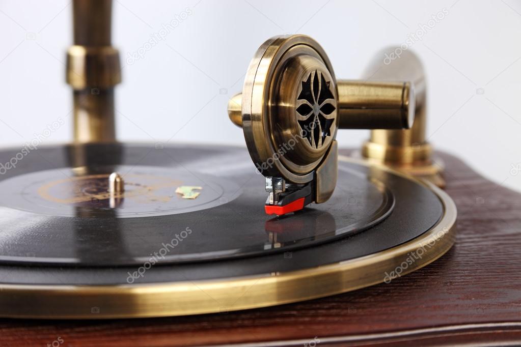 Retro, wooden gramophone with vinyl