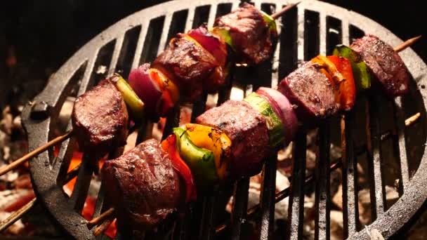 Preparazione gustoso barbecue di carne su spiedini — Video Stock