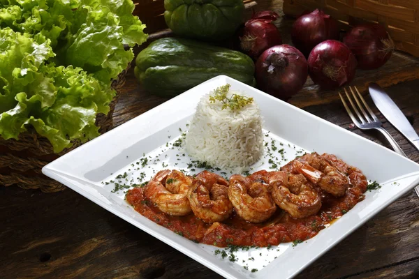 Large shrimp with tomato sauce — Stock Photo, Image