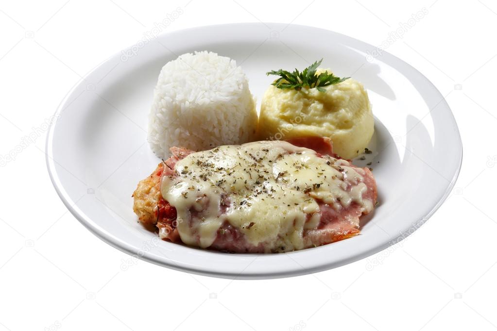 The steak parmigiana with potato and rice