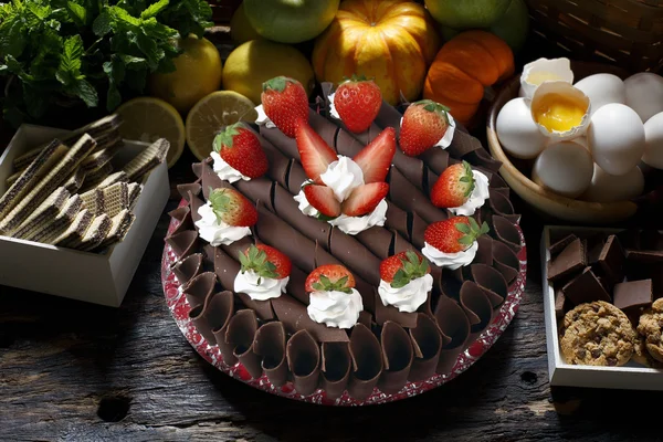 Strawberry birthday cake with whipped cream — Stock Photo, Image