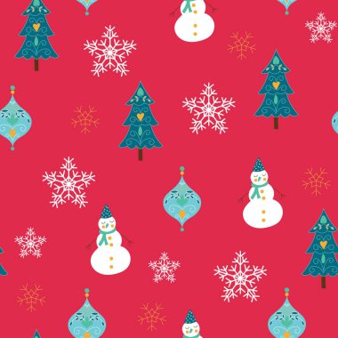 Kardan adam, kar taneleri ve Noel ağacıyla kusursuz bir Noel deseni. Kar taneli kış desenleri, ambalaj kağıtları, şablon dolguları, kış selamları, web sayfası geçmişi, Noel ve yeni yıl tebrik kartları