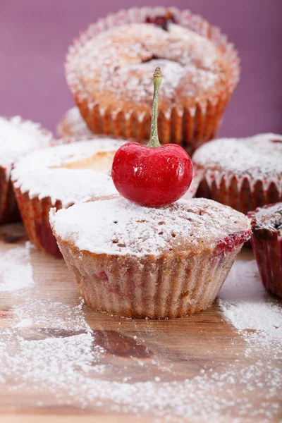 Freshly baked muffin sprinkled with powdered sugar — Stock Photo, Image