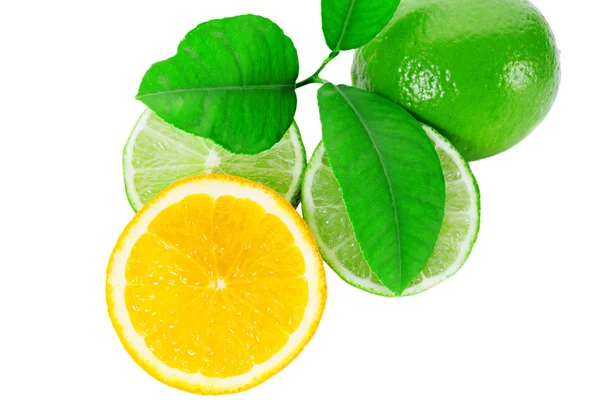 Fresh orange with lime and leaf on white background — Stock Photo, Image