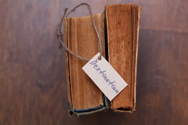 Top Viewed vintage book with a sign - Destination — Stock Photo, Image